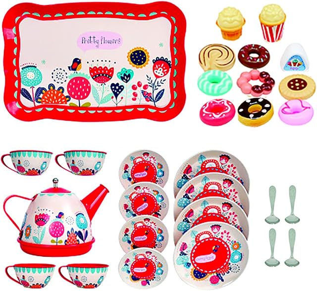 koolbitz Colorful Tin Tea Party Set Including Metal Teapot, Saucers, Cups and Plates Washable Dishes Made of Safe Material For Children, Learning Toy Indoor And Outdoor Activity