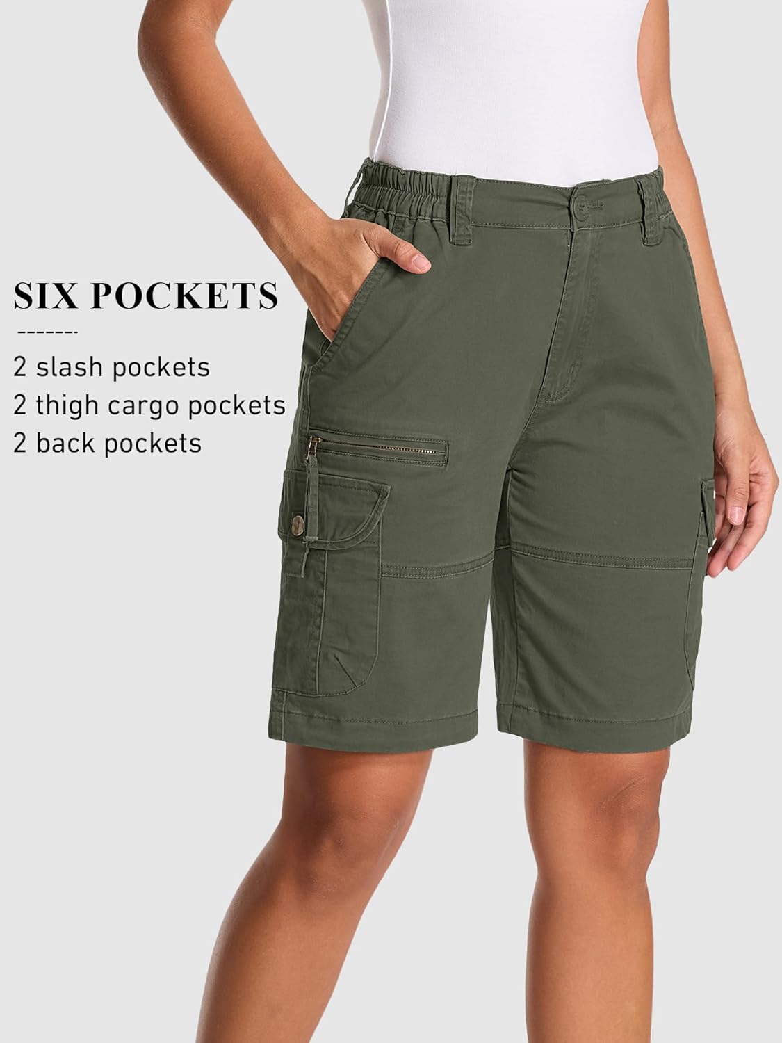 Bermuda Womens Cargo Shorts Lightweight Cotton Casual Hiking Shorts Multi-Pockets Elastic Waist - Image 4