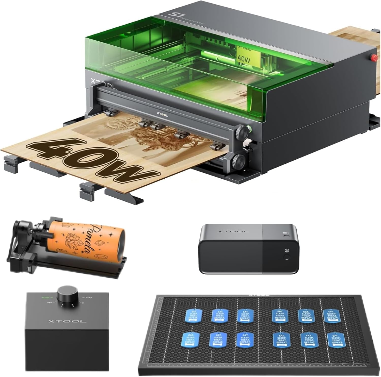 xTool S1 40W Laser Cutter and Engraver Machine, with Auto Conveyor Feeder and Safety Set, Class I 40000mW Laser Engraver for Tumblers Wood and Metal, Acrylic, etc. - Deluxe Bundle