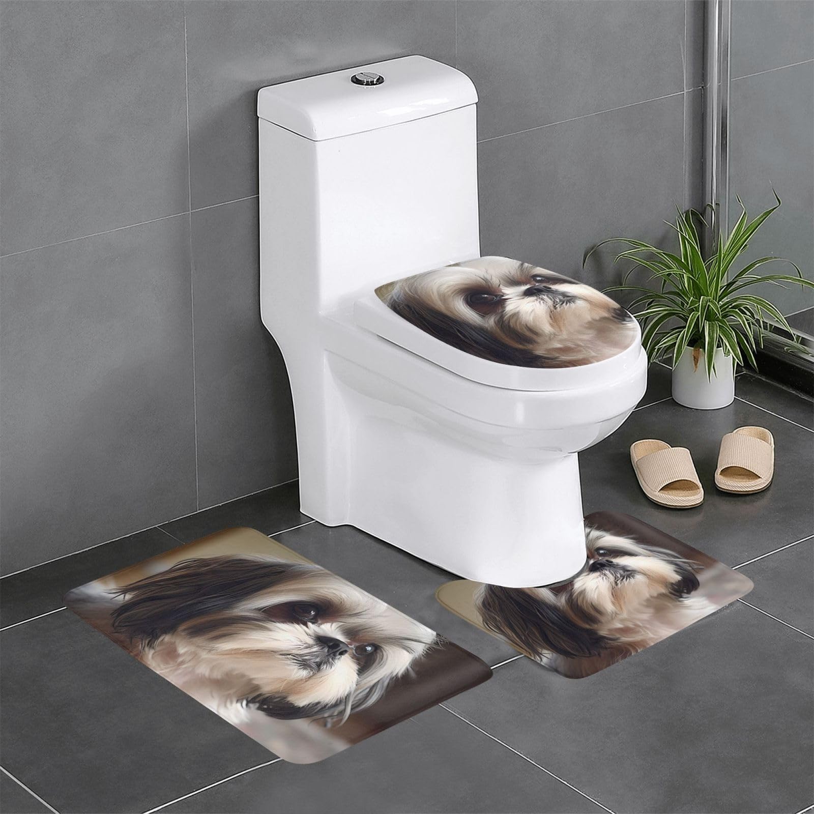 Tapis de salle de bain Shih Tzu antidérapant : lot de 3 tapis pour sol de WC et lavabo