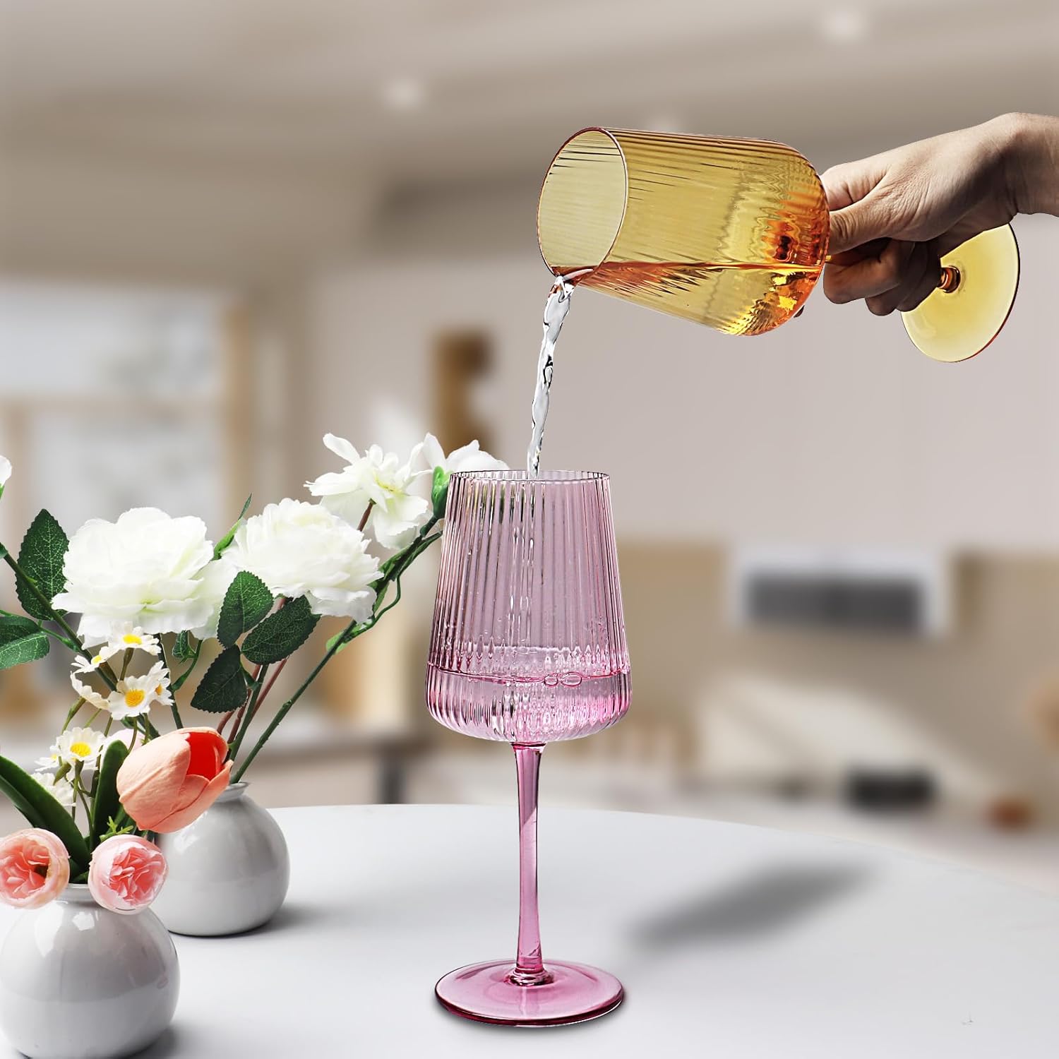 Hand Blown Ribbed Wine Glasses with stem, Lead-Free Crystal Glasses, Luxury Gift, Set of 6, Unique, 18oz Premium Wine Goblet, Large capacity, Fluted Design (6pcs mixed colored) - Image 8