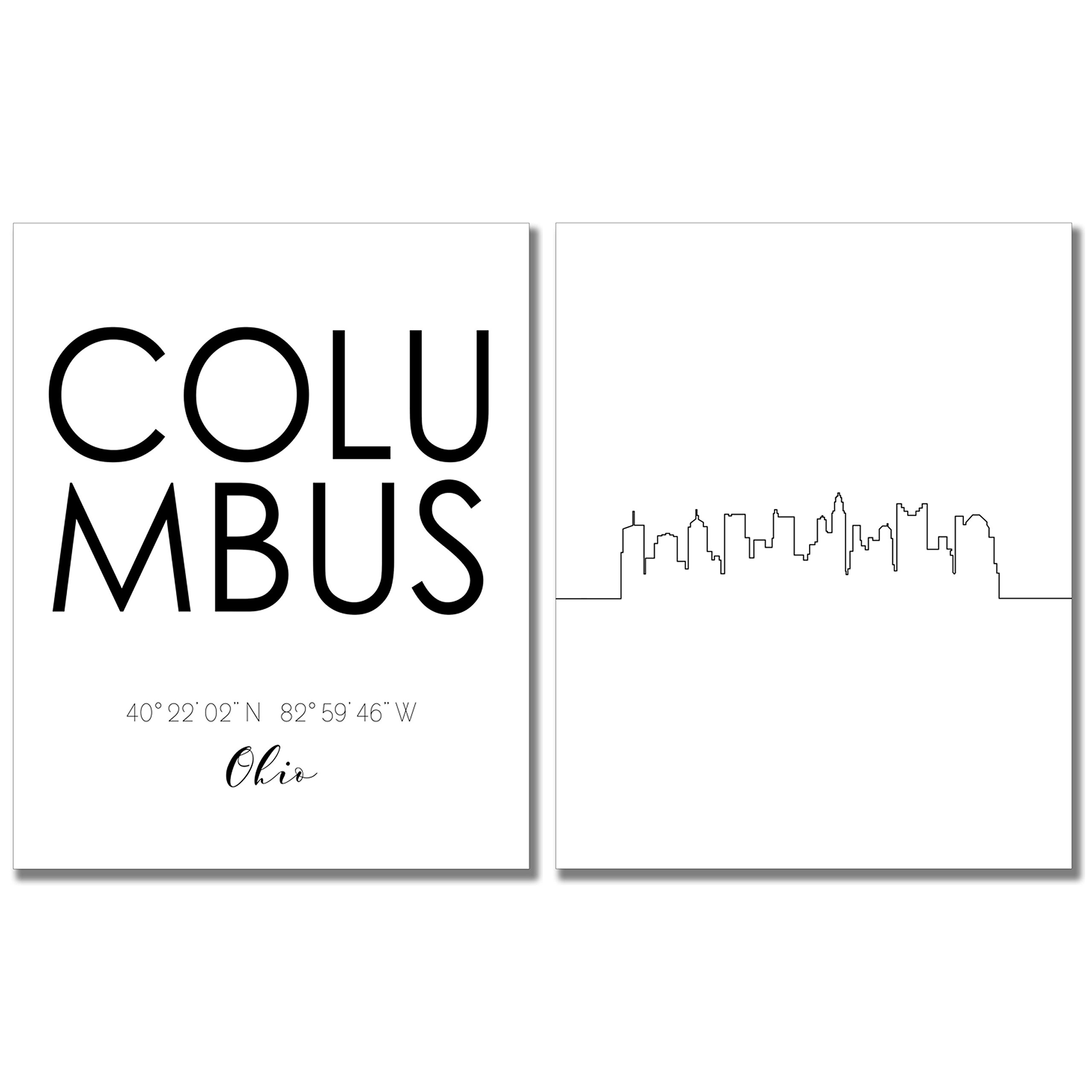 Columbus City Skyline Wall Décor Prints - Set of 2 (8x10) Art Photos - Typography Minimalist Poster