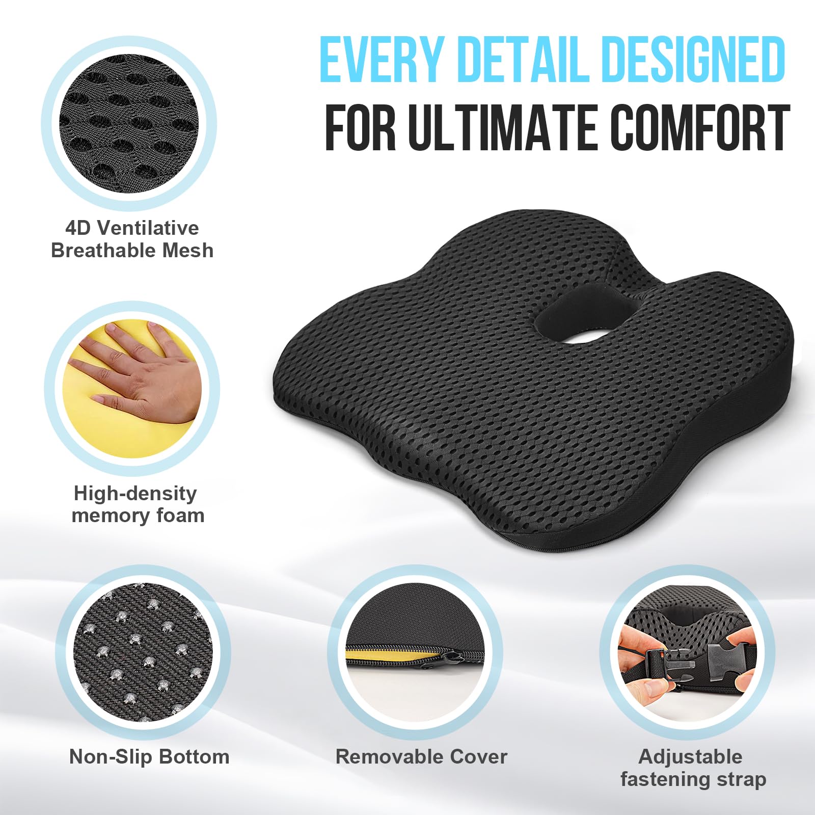Cojín de Asiento para Coche – Cojín Elevador Ergonómico de Espuma Viscoelástica con Base Antideslizante y Correa Ajustable – Cojin Coche Conductor para Automóvil, Camión, Vehículo