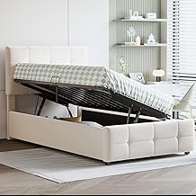KOMHTOM Lit Coffre 90x200 avec tête de lit relevable et sommier à Lattes, lit Une Place/lit Deux Place Cadre de lit avec Rangement (1, Beige, Matelas Non Inclus)