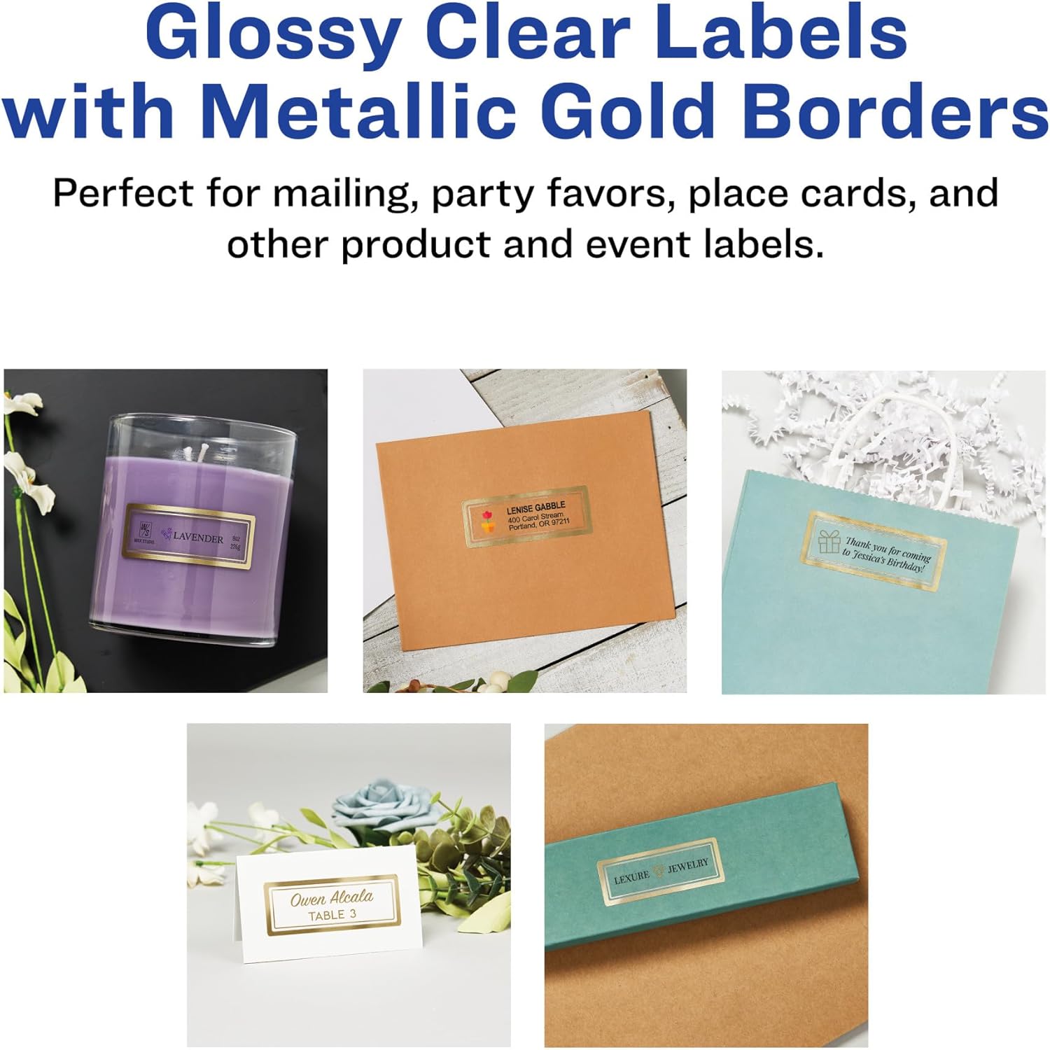 Avery Glossy Clear Labels, Metallic Gold Borders, 1" x 2-5/8" Rectangle Labels, 180 Total, Laser/Inkjet Printable (6550) - Image 4