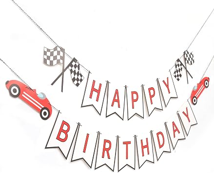 Vintage Race Car Banner - Racing Birthday Party Decoration,Theme Birthday Decoration,Checkered Banner for Sports Theme Party Supplies red