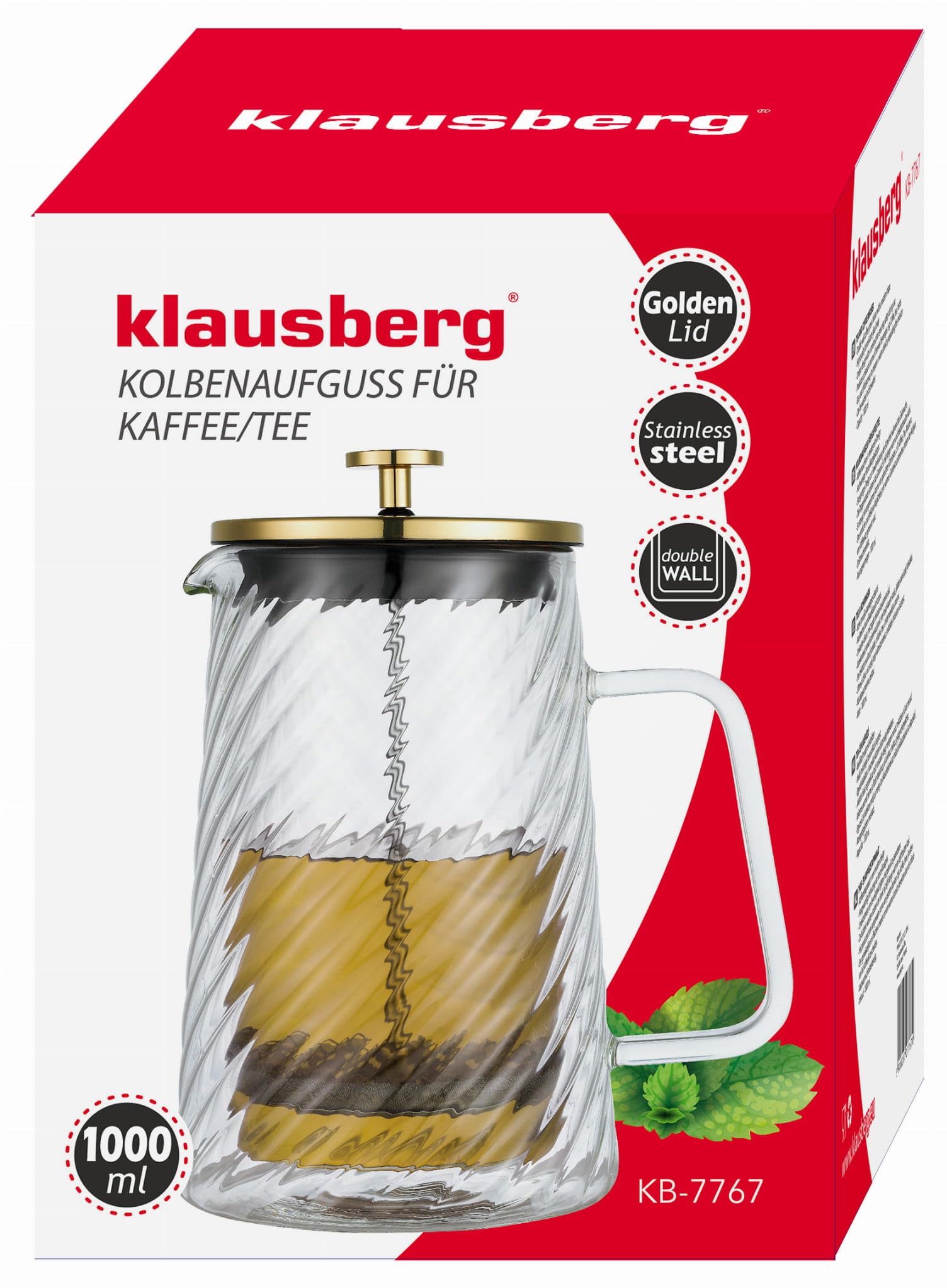 Klausberg Caffè e tè in vetro 1000 ml French Press Gold KB-7767