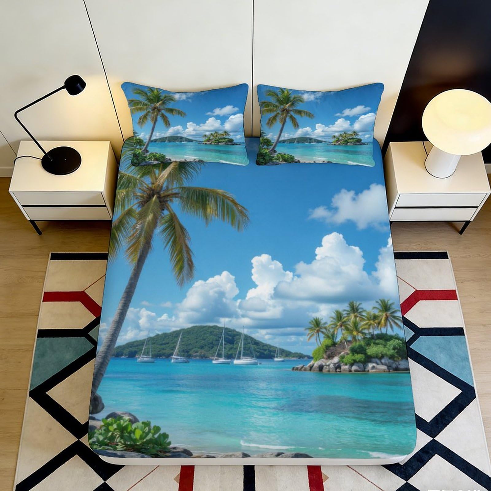 3D Printed Tropical Beach Fitted Sheet Microfiber Soft Palm Island Mattress Cover for Bedroom Guest Room Mattress Protection Decor 160x200x25cm