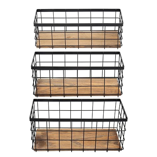 TIEYIPIN Farmhouse Decor Metal Wire Storage Baskets, Wood Base Containers