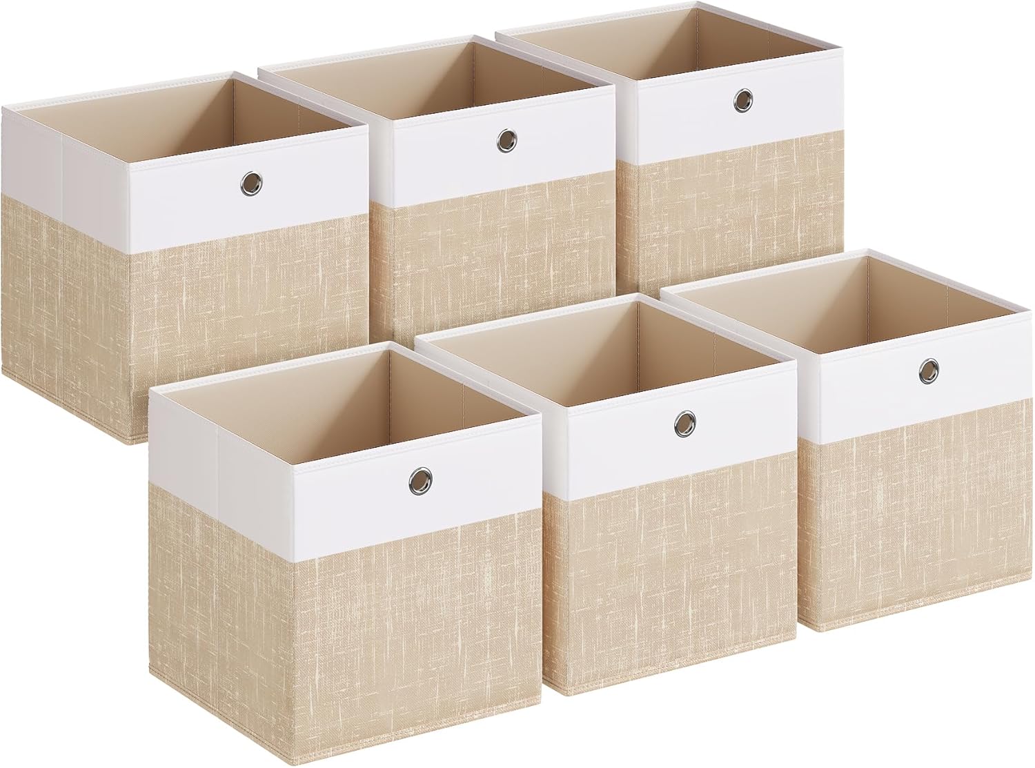 SONGMICS Storage Cubes, Set of 6 Foldable Fabric Storage Boxes, Cube Organizer Boxes with Handles, for Closet Shelves, Odorless, 10.2 x 10.2 x 11 Inches, Cloud White and Sand Beige URFB426LF02
