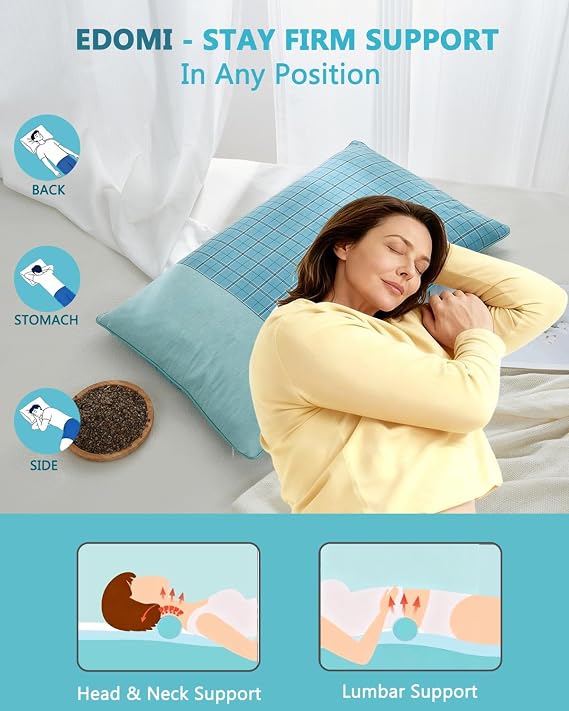 Adjustable Buckwheat Sleeping Pillow Customizable Loft Cool Cervical Support Pillow for All Sleep Positions, Flat Rectangular Cube Design (23.6x13.7, Blue)
