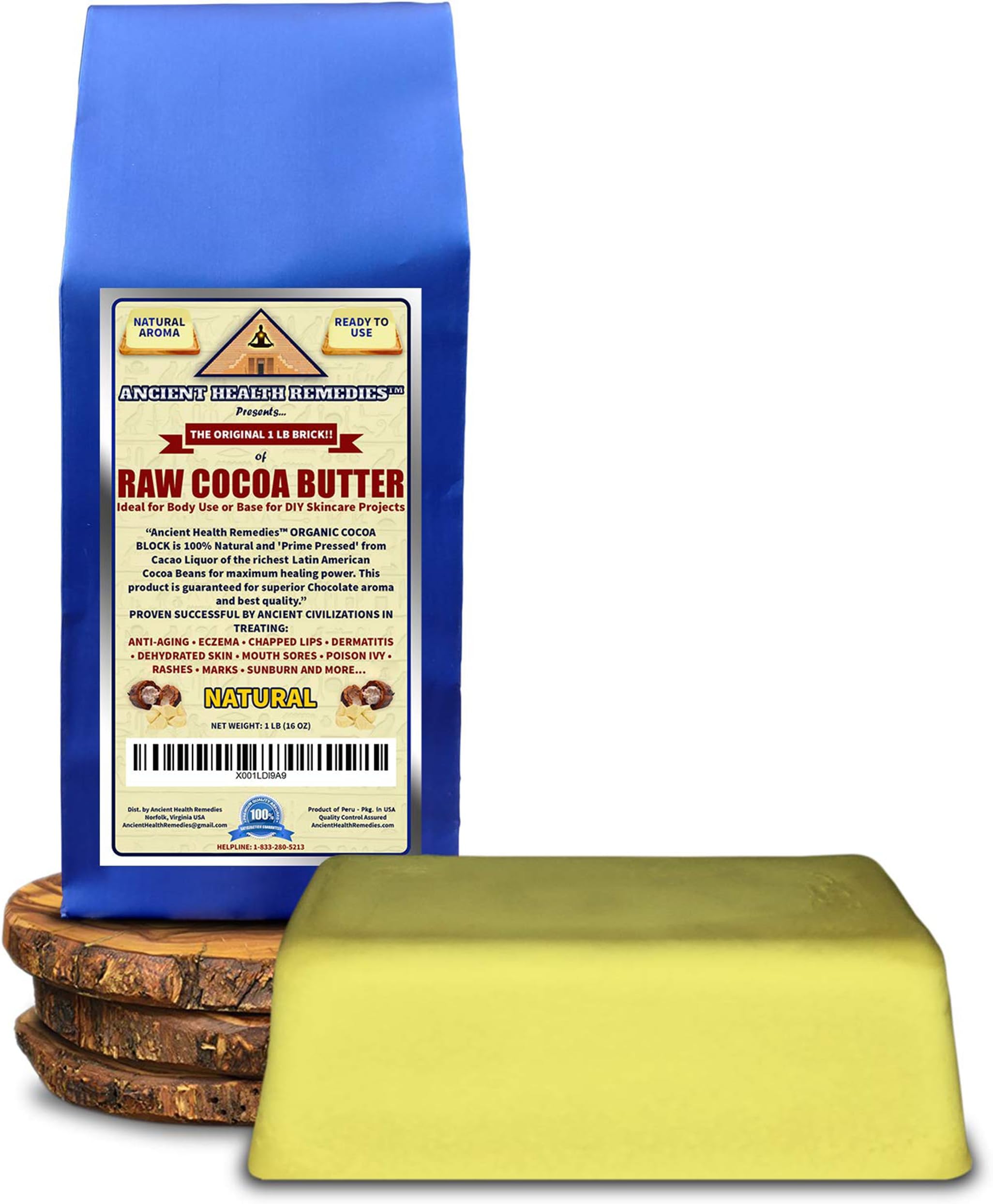 Ancient Health Remedies Kosher Certified Raw NATURAL COCOA (CACAO) BUTTER 1 LB (16 oz) BLOCK Bulk Rich Chocolate Aroma For Lip Balms, Stretch Marks, DIY Base for Body Butter & Soap Making (USA)