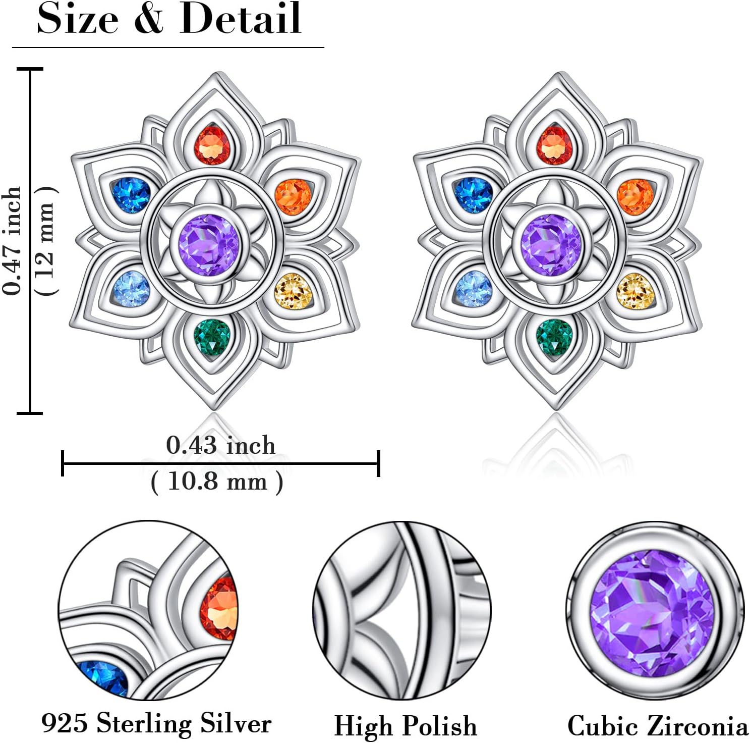 925 Sterling Silver 7 Chakra Stud Earrings Lotus Flower Rainbow Stones Yoga Chakra Energy Balance Earrings Jewelry Birthday Christmas Gift for Women Spiritual Healing