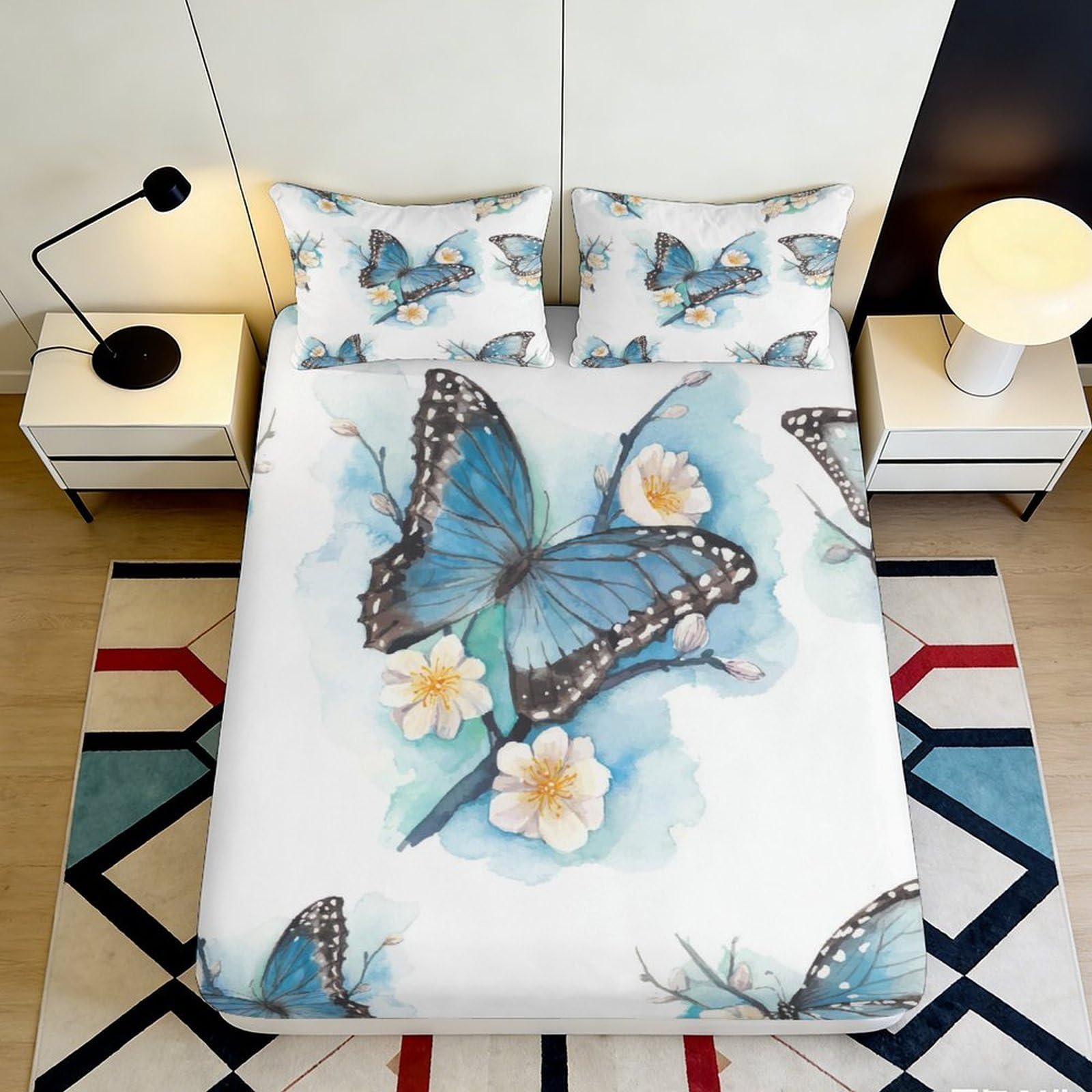 3D Printed Blue Butterfly Fitted Sheet Microfiber Soft Floral Mattress Cover for Bedroom Guest Room Dustproof Washable Decor 90x200x25cm