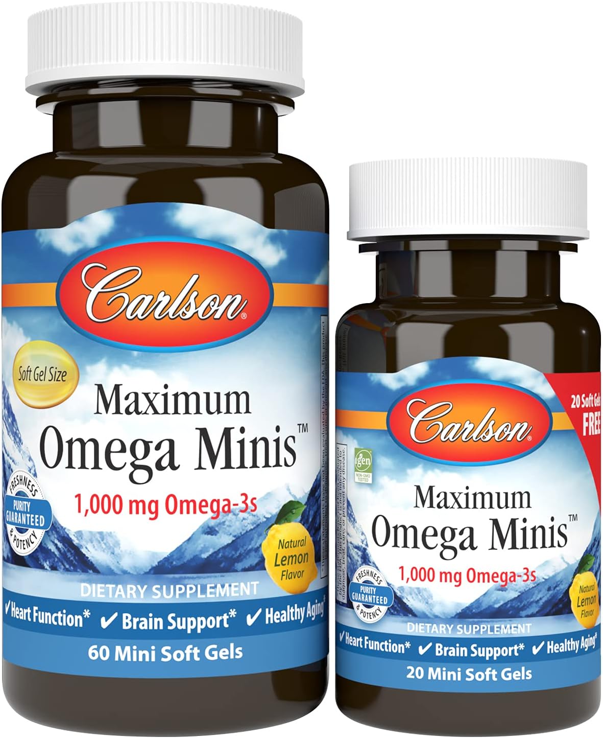 Maximum Omega Minis, 1000 mg Omega-3s, Heart Function, Brain Support & Healthy Aging, Lemon, 60+20 Mini Softgels