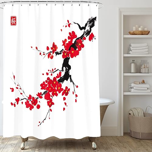 Miniatura 3 de Cortina de ducha con diseño de flor de cerezo rosa, juego de cortina de ducha japonesa Sakura floral, cortinas de ducha de flores de cerezo con