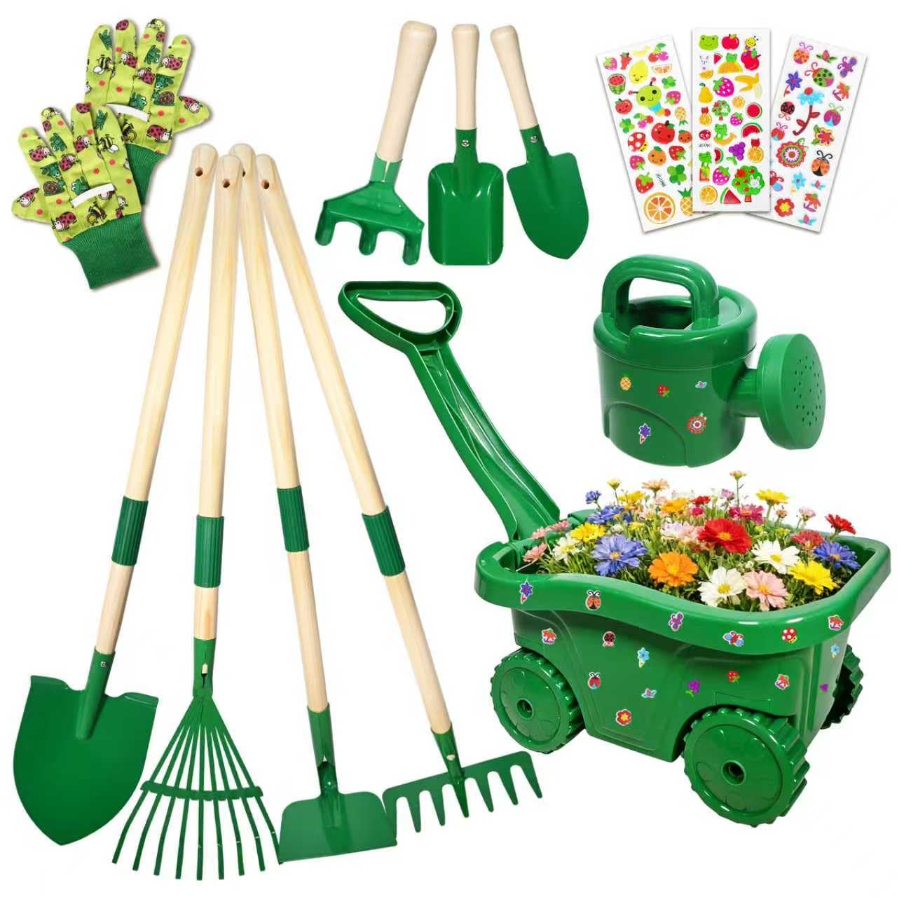 Carretilla para Niños, 13pcs Carretilla Niño Set Jardinería, Juego Herramientas de Jardín para Infantil con Pala, Escoba, Rastrillo y Rastrillo de Hojas, Pulverizador Juguetes de Arena Exterior (A)