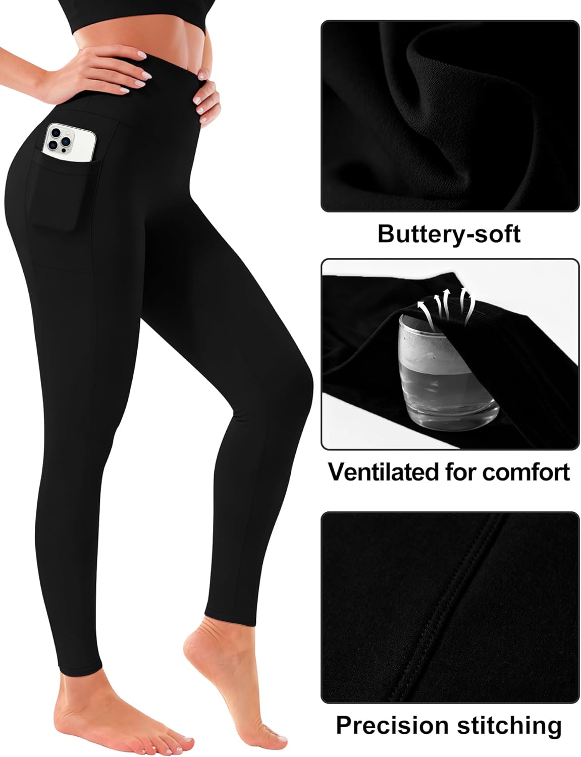 Blue Breath Leggings with Pockets for Women-High Waisted Full Length Yoga Pants Tummy Control Workout Athletic Daily - Image 6