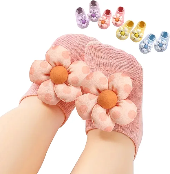 KEAINVRN 4Packs Baby Girls Socks,Flower Non-Slip Grips for Babies Toddler Princess Low Cut Ankle Socks for Girls