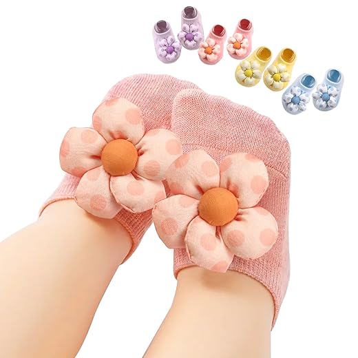 4Packs Baby Girls Socks,Flower Non-Slip Grips for Babies Toddler Princess Low Cut Ankle Socks for Girls