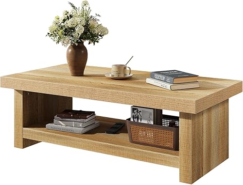 Miniatura 6 de Mesa de centro de granja de 47 pulgadas con almacenamiento, mesas auxiliares rectangulares de madera para sala de estar, mesa central de 2 niveles