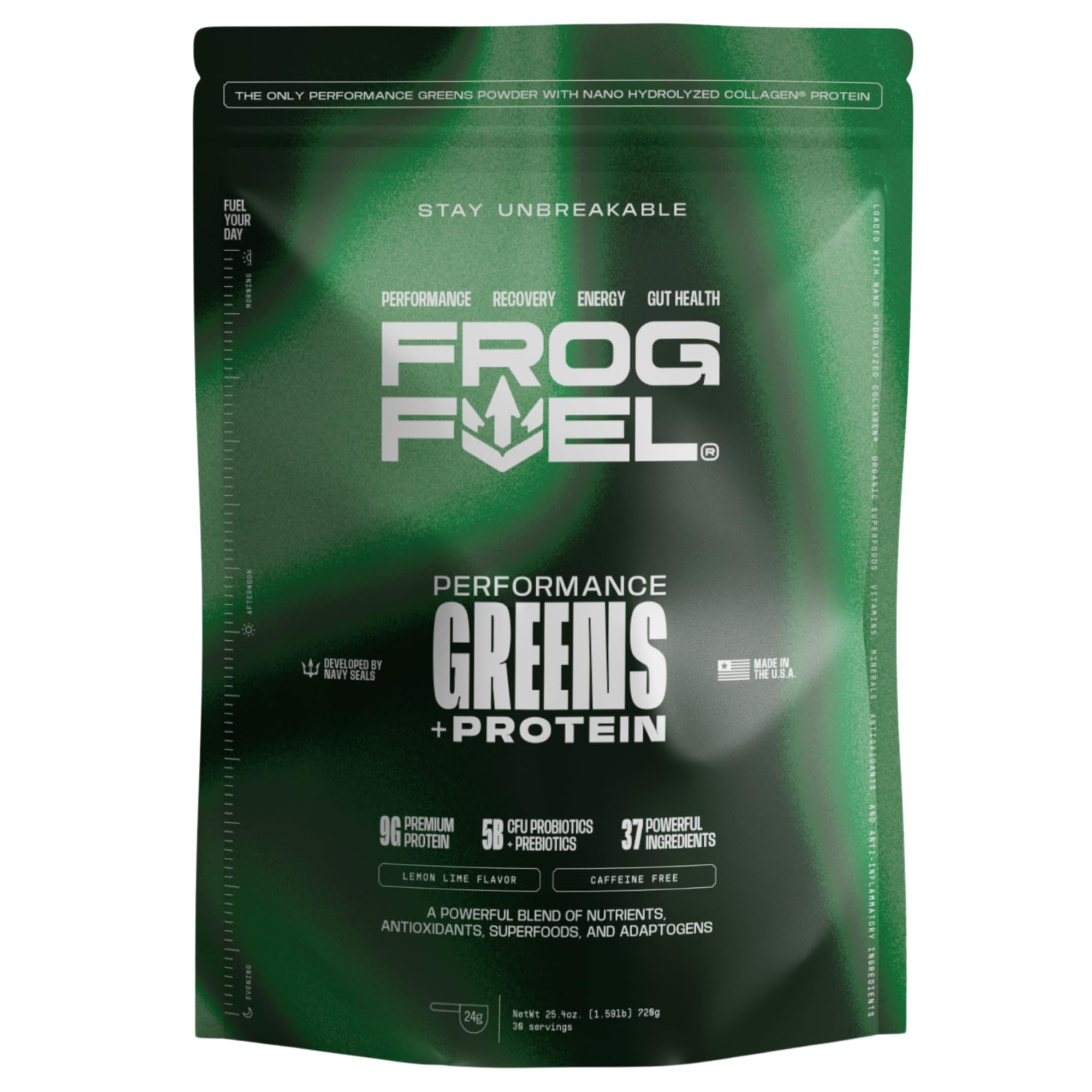 Frog Fuel Performance Greens Protein Powder, Nano-Hydrolyzed Grass Fed Protein Greens Powder, 5B CFU Probiotics/Prebiotics, 9G Protein, 7 EAAs, Energy