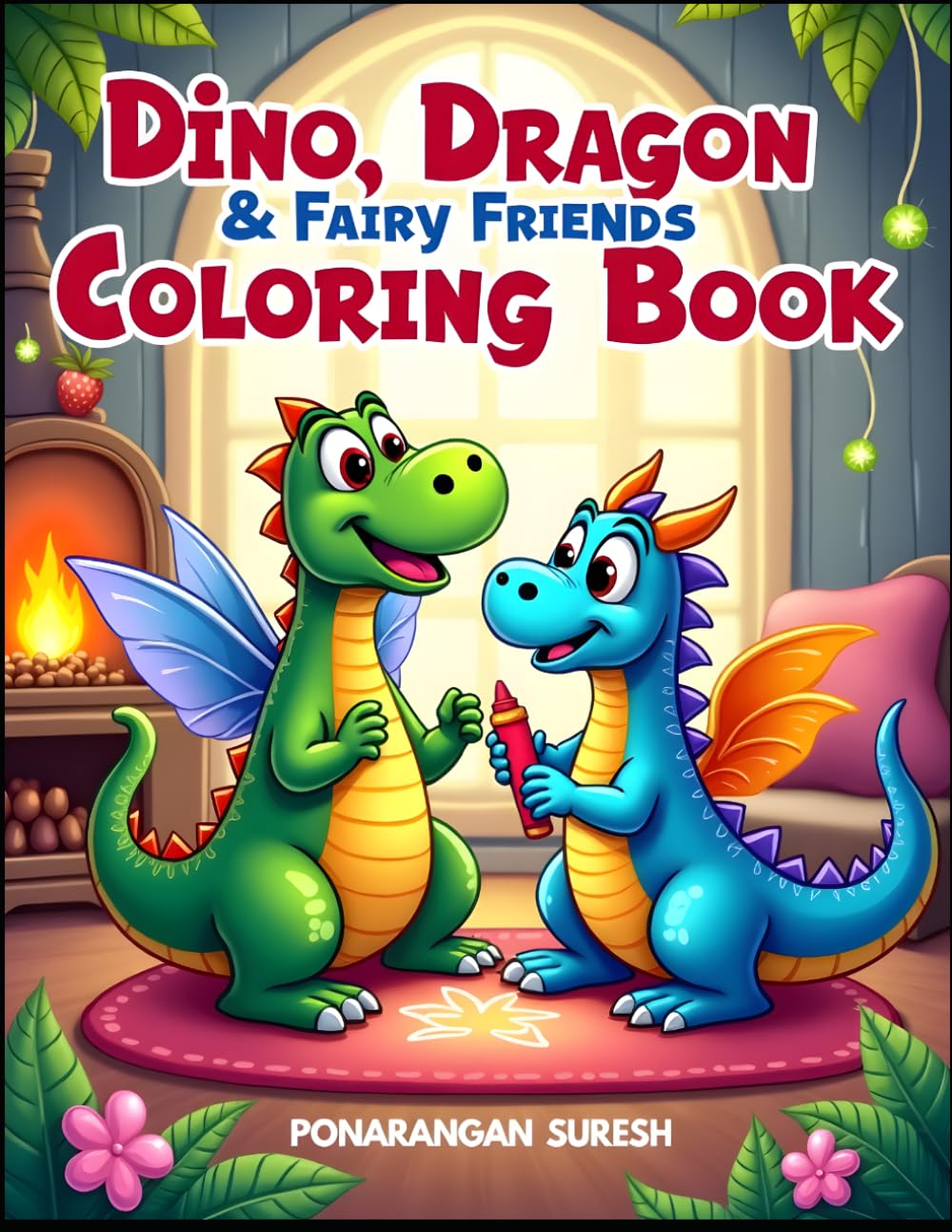 Dino, Dragon & Fairy Friends Coloring Book for Kids: Cute Dinosaurs, Dragons, Fairies and Magical Animals in Cozy Homes