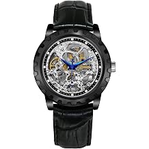 BERNY Gold Watches for Men Automatic Mechanical Wristwatch Skeleton Luxury Dress Mens Watch Exhibition Back Cover Luminous Hour Marker 5ATM Waterproof - Black Leather Watch Band Silver Dial