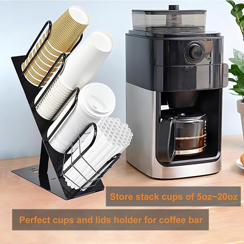 Miniatura 3 de Dispensador de tazas de café, soporte ajustable de metal con 4 compartimentos para tazas y tapas, organizador de estación de café para tazas, tapas,