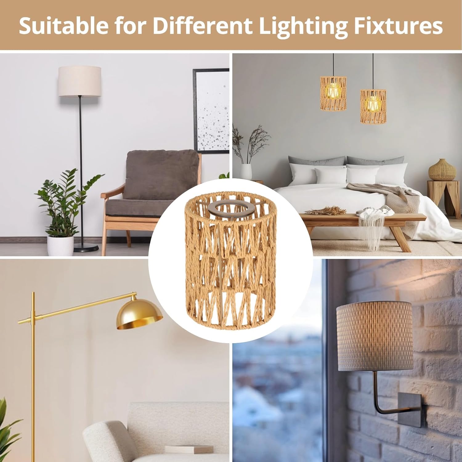 Rattan Lamp Shade 2 Pcs Rattan Lamp Shades, Retro Farmhouse Wicker Lampshade Replacements, 4.7" D×5.9" H Cylinder Woven Lamp Shades for Floor Lamps, Pendant Light, Chandelier, Sconces Light