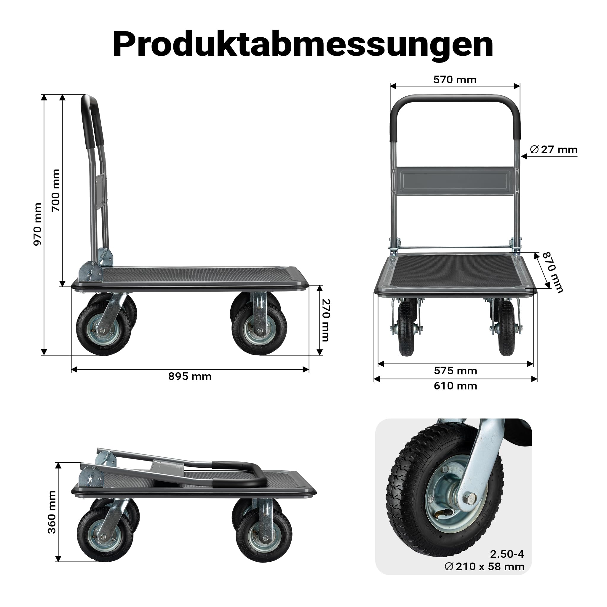 Wiltec Wózek transportowy platformowy 300 kg, składany wózek magazynowy 895x610x985 mm, ręczny wózek z pompowanymi kołami i antypoślizgową platformą