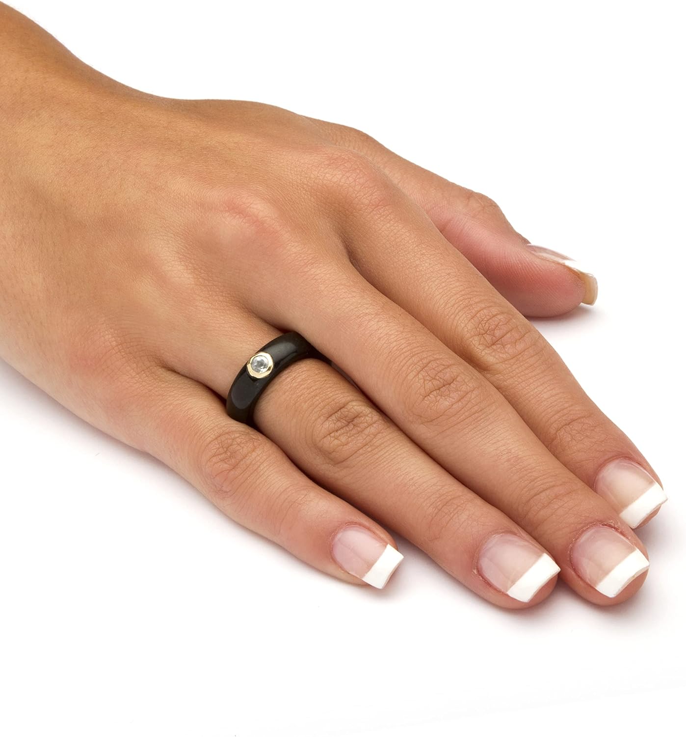 10K Yellow Gold Round Genuine Topaz Black Genuine Jade Bezel Set Ring