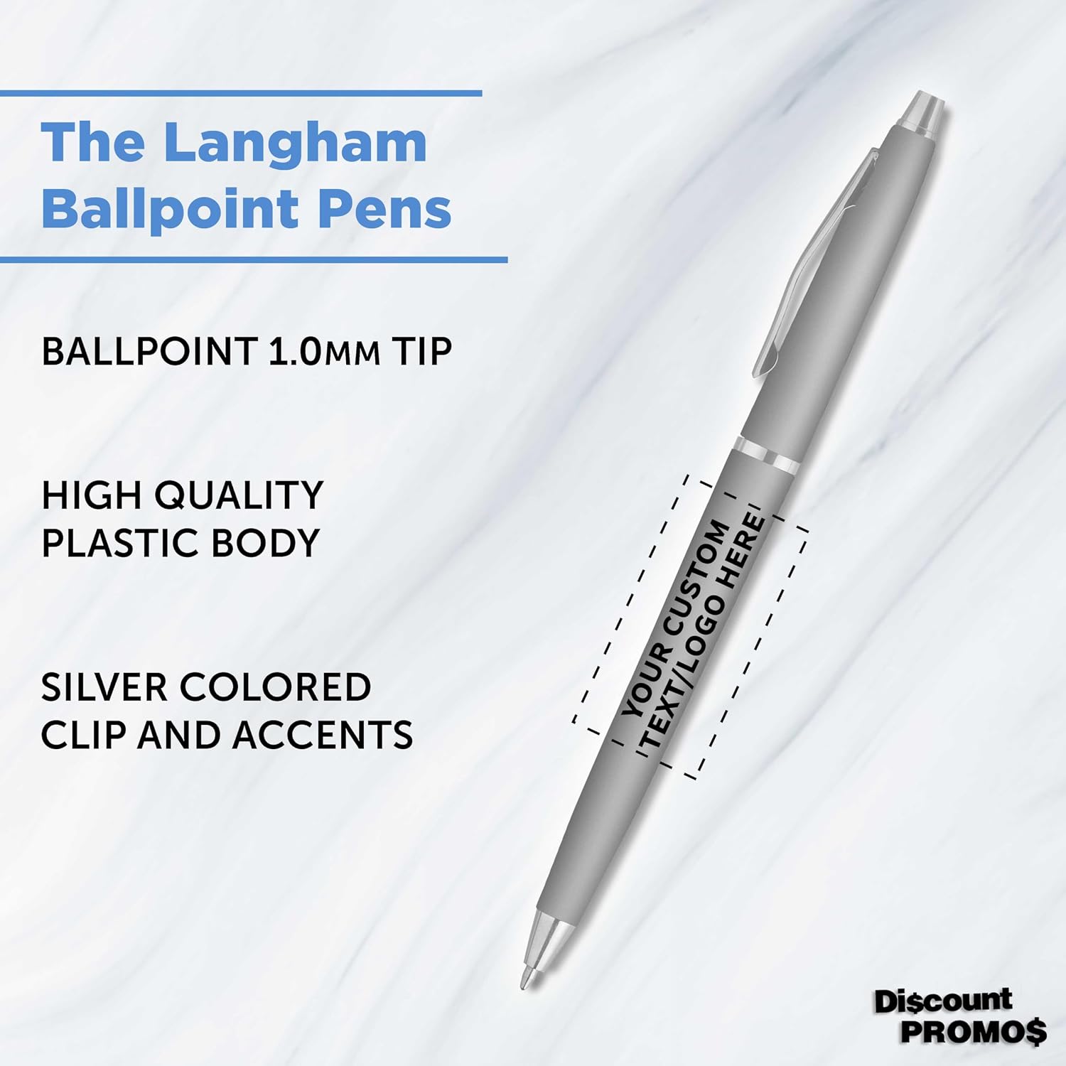 Personalized Langham Ballpoint Pens, Set of 10/50/100 by DISCOUNT PROMOS - Black Ink, Great for Office, Business, Tradeshows - Silver