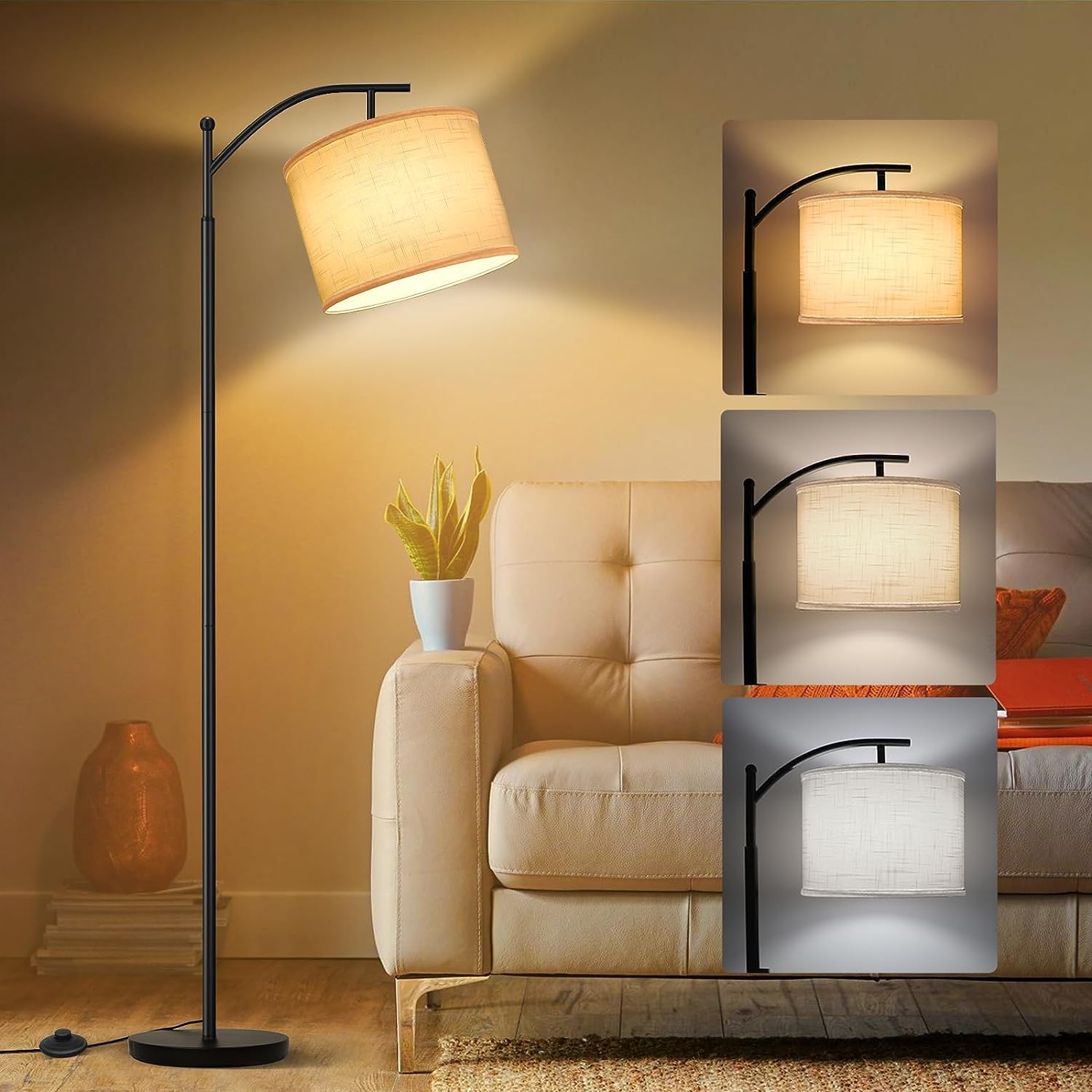 Arc Floor Lamp, 3 Color Temperatures Modern Floor Lamps Abstract Modern Floral Adjustable Tall Standing Reading Lamp Linen Texture Shade Living Room B