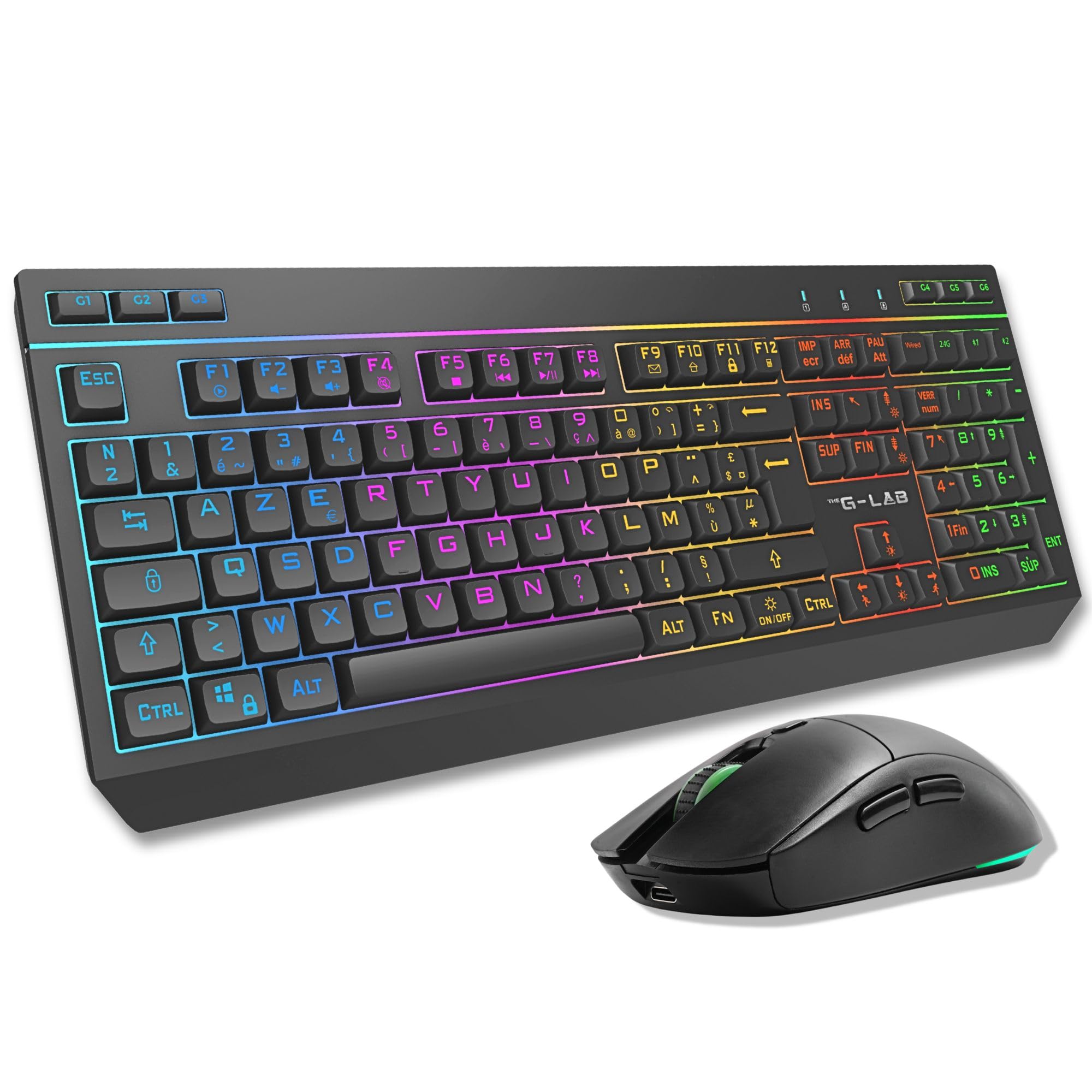THE G-LAB Combo TUNGSTEN - Tastiera e Mouse Wireless Tripla Connessione 2.4GHz / Bluetooth/USB - Tastiera Gaming ITALIANA, RGB e Macro Custom - Mouse Gaming Wireless 6400 DPI - PC / PS4 / PS5 / XBOX