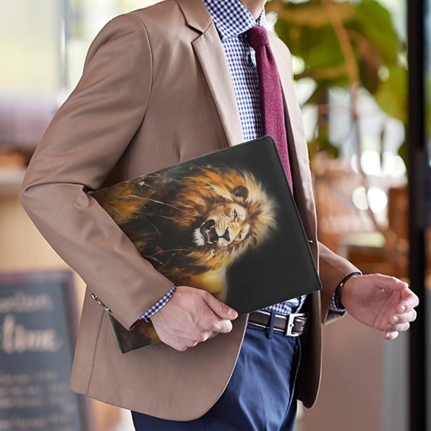 COEQINE Wild 3D Animal Lion Printed Leather Padfolio Resume Portdolios Folder for Interview Keep Document Organizer Business Card Holder-Black Cool Animal Lion Pattern