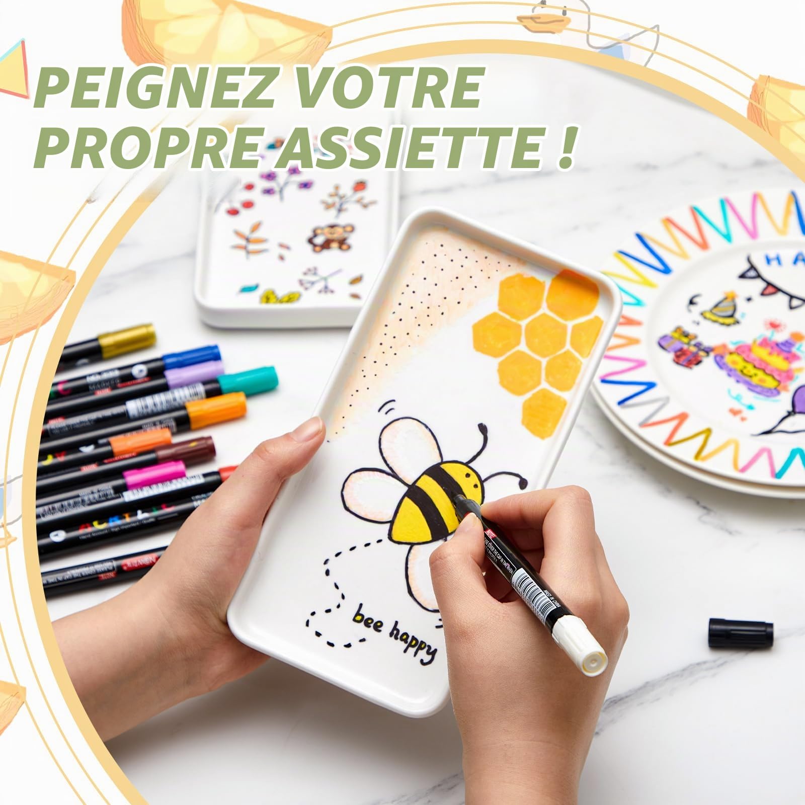 Sinmoe Set de Peinture Céramique DIY 3 Assiette en Céramique Plat de Service Blanc 12 Stylos en Porcelaine Lavables au Lave-Vaisselle Coffret-Cadeau Noël Couple Amis Famille (Rectangulaire, 8 Pouces)