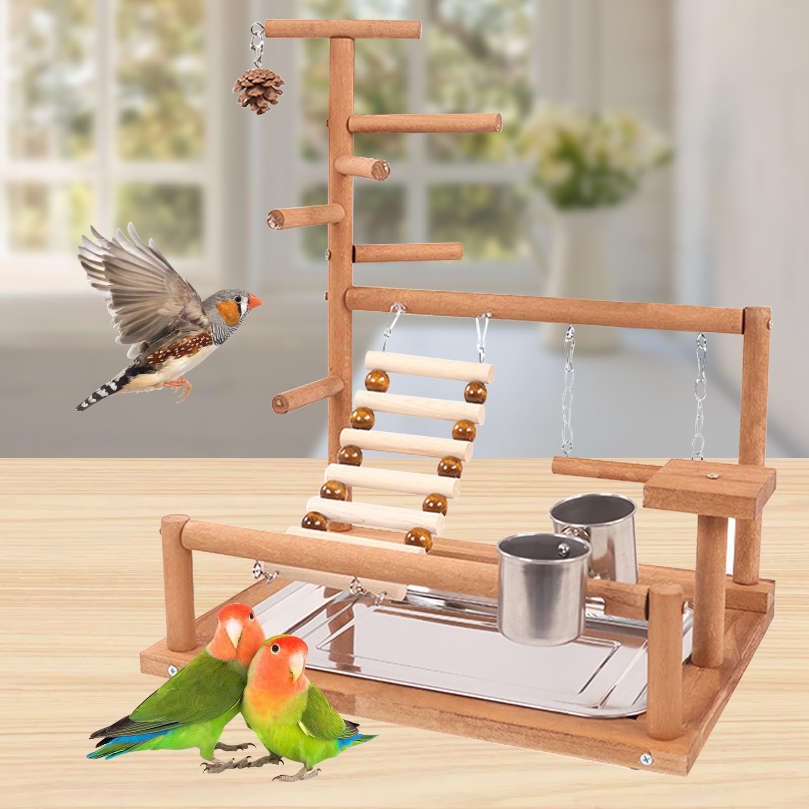 BORDEAG Parrot Playstand, parque de juegos para pájaros, loros, pinzones, Material: madera natural