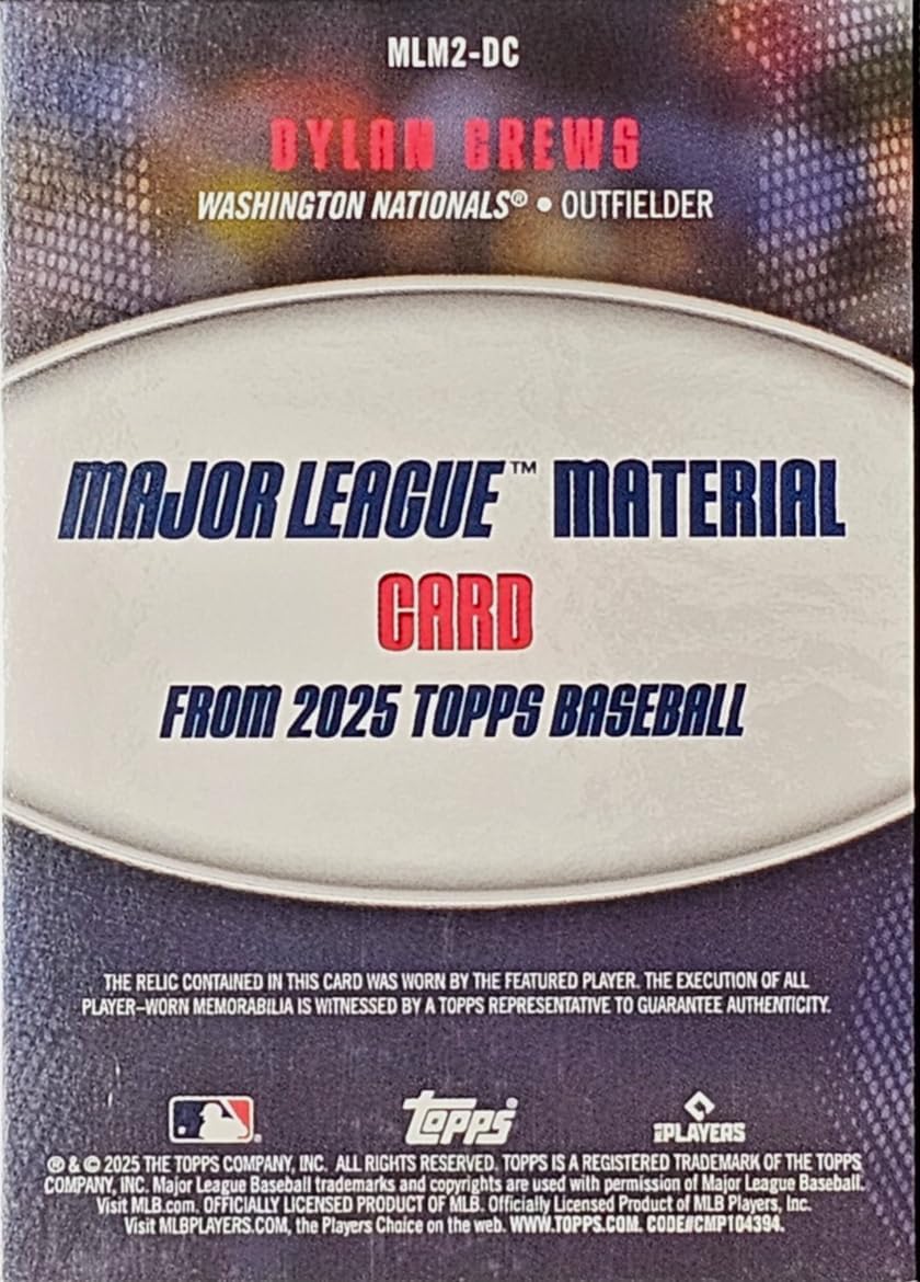 2025 Topps Series 2 Dylan Crews #MLM2-DC Major League Material Relic Washington Nationals Rookie RC Baseball Card