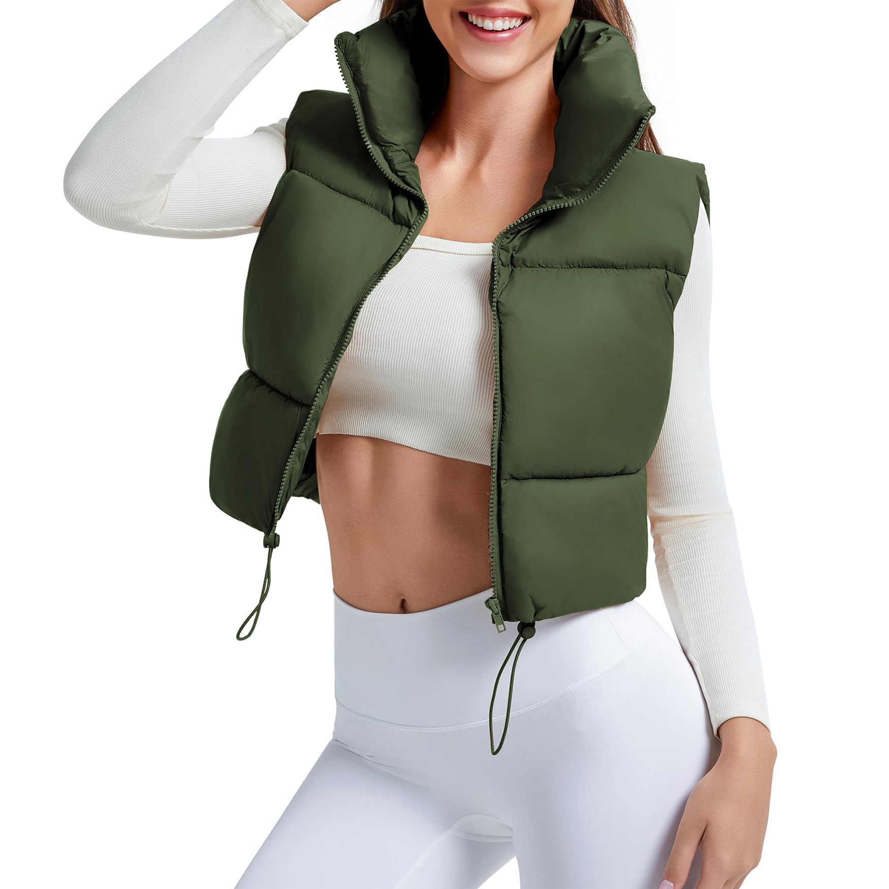 CULACCINO Women's Winter Cropped Puffer Vest Crop Jackets For Women Full Zip Stand Collar Padded Lightweight Outwear Vest
