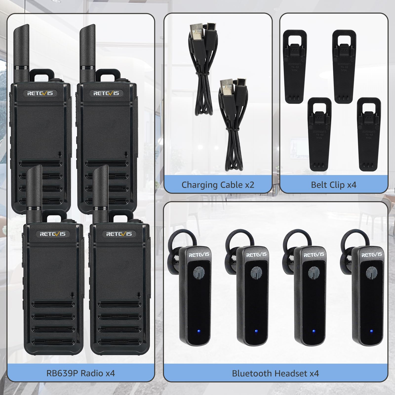 Retevis RB639P Walkie-Talkies für Erwachsene, Mini-Funkgerät mit Ohrhörern, VOX, USB-C, PMR446 Professionelles 2-Wege-Funkgerät für Restaurant (Schwarz, 4 Stück)