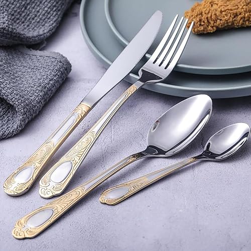 Juego de cubiertos para 6 cubiertos de acero inoxidable de lujo estilo antiguo pulido con 24 piezas para el hogar, cocina, fiesta, restaurante,