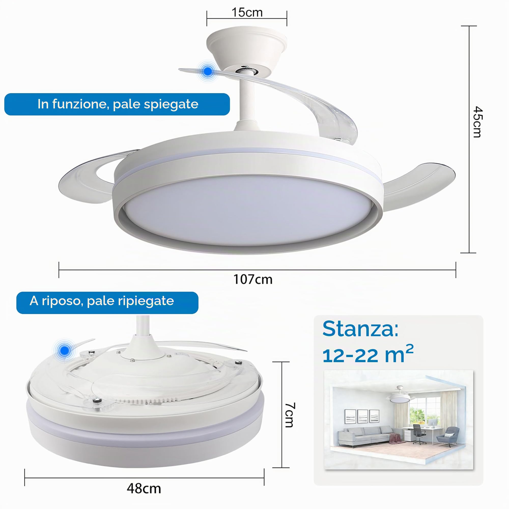 Ventilatore da Soffitto con Luce LED - Bianca | Pale Retrattili, Silenzioso, 6 Velocità, 3 Tonalità Dimmerabile, Timer, con Telecomando e Motore DC
