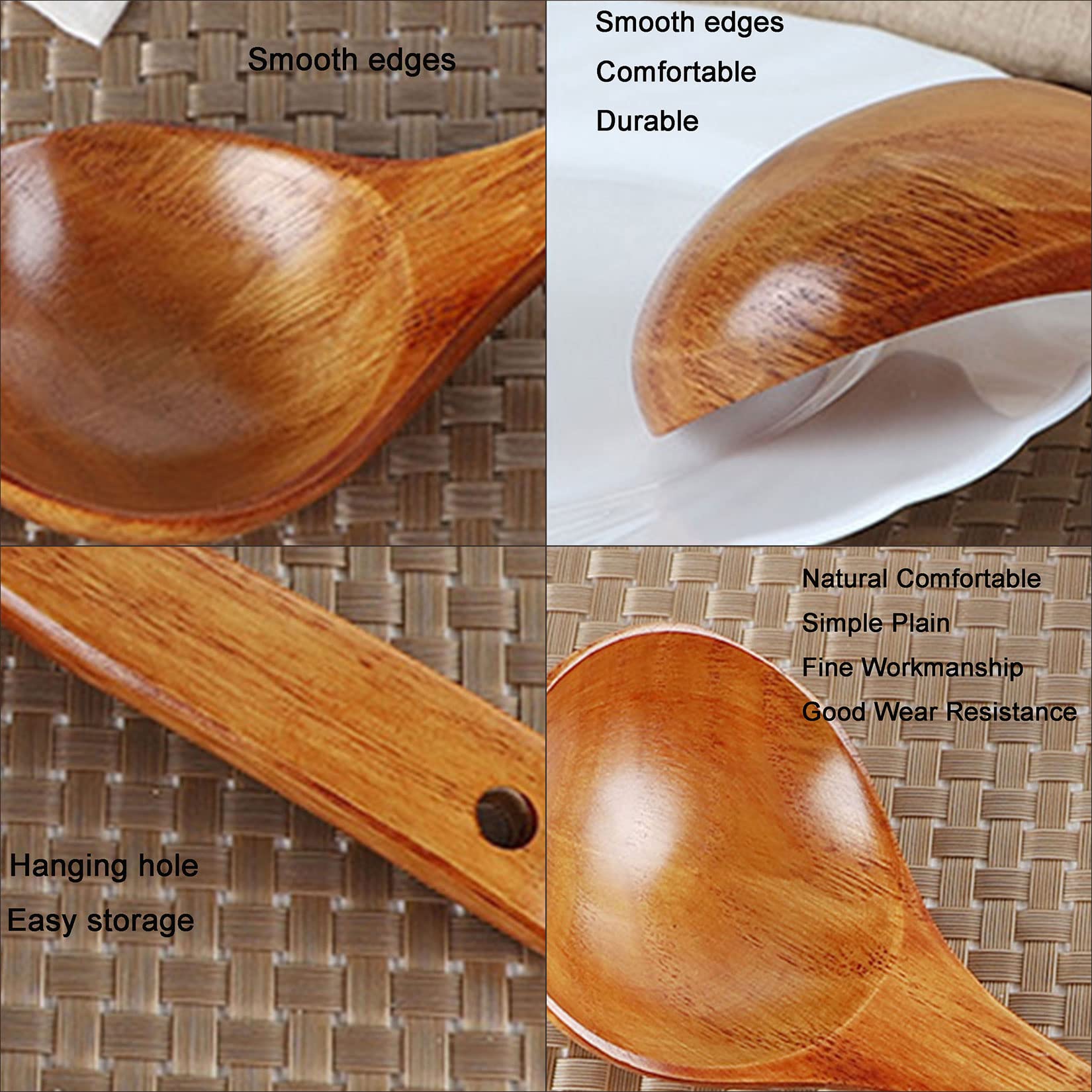 Cucharada de sopa de madera de mango largo de Kemu, cocina doméstica Cuchara de madera sin palanca de madera, cuchara de cocción de 9 ", cuchara de madera hecha a mano natural,4pcs