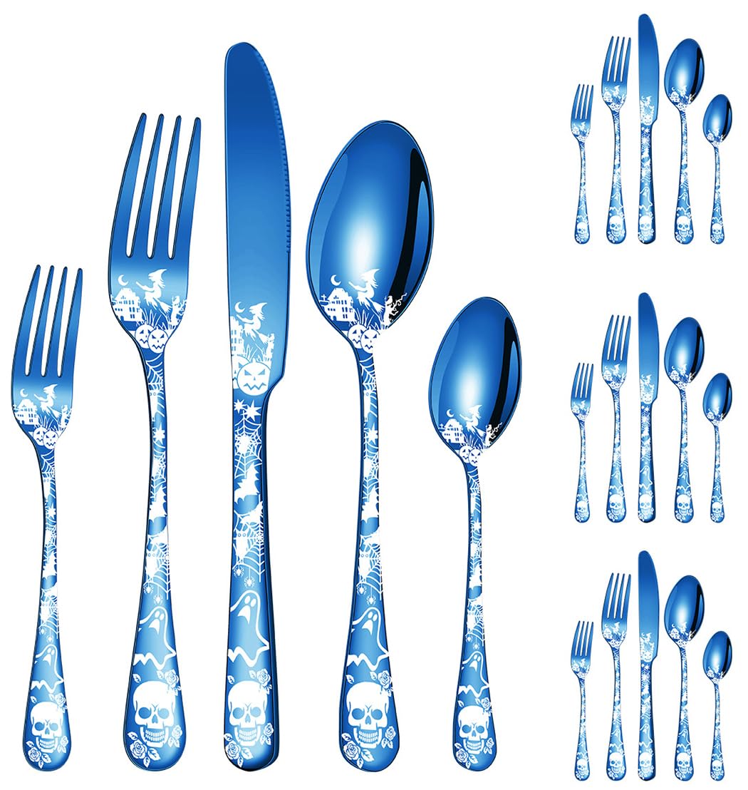 XIAOYU Halloween Themed Skeleton Silverware Set for 4, 20-Piece Stainless Steel Flatware Set, Gothic Skeleton Pattern Decorative Cutlery Set, Halloween Easter and Christmas Tableware, Rose Gold — Amazon image 11