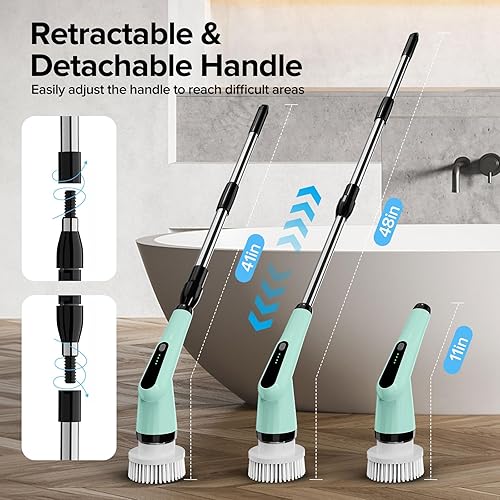 Miniatura 5 de IPX7 - Limpiador eléctrico giratorio para baño, con 7 cabezales de cepillo reemplazables y mango retráctil, limpiador giratorio ajustable de 2