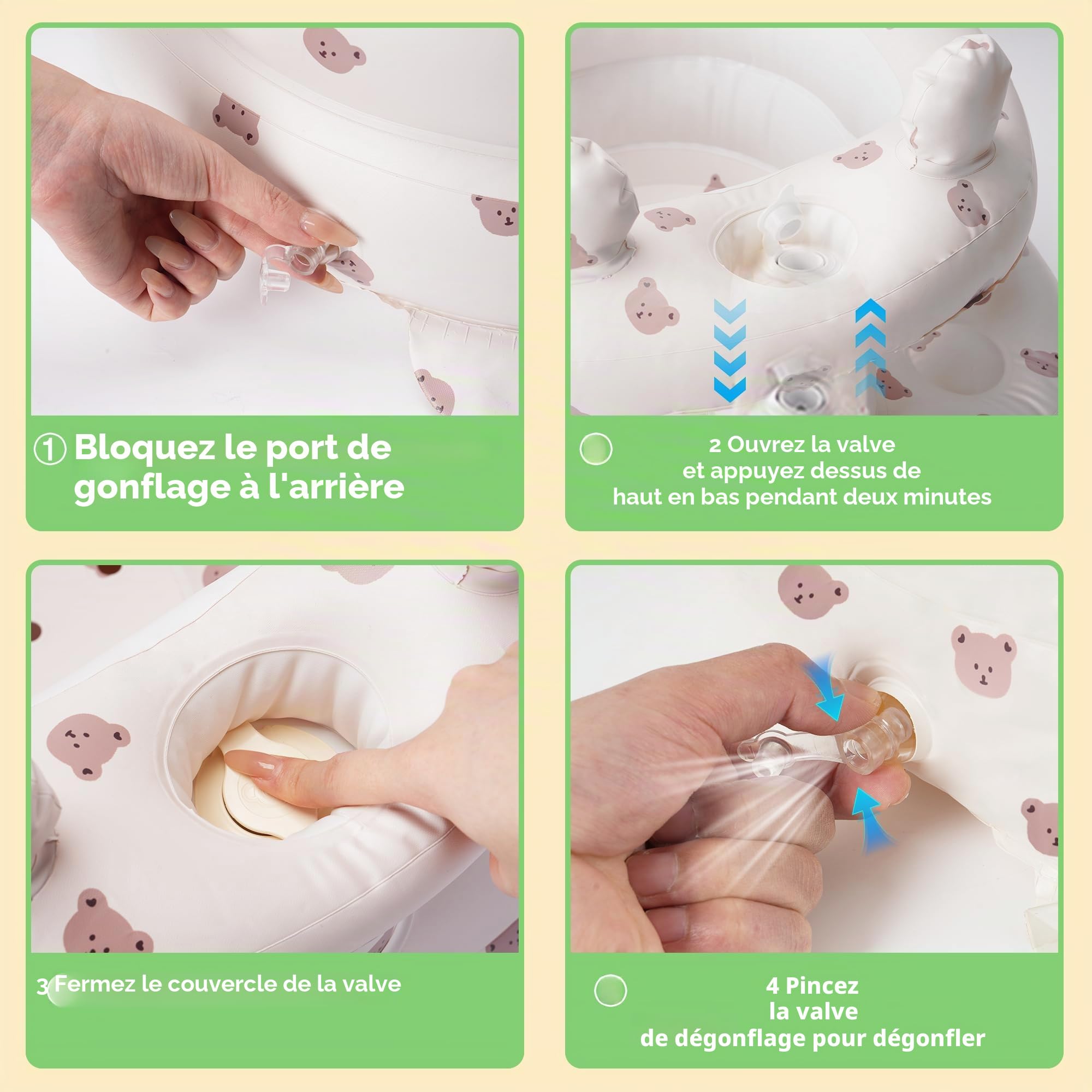 Siège bébé gonflable Zolirao avec pompe à air intégrée, portable 3-36 mois, soutien dos et nuque, sans BPA, motif ours
