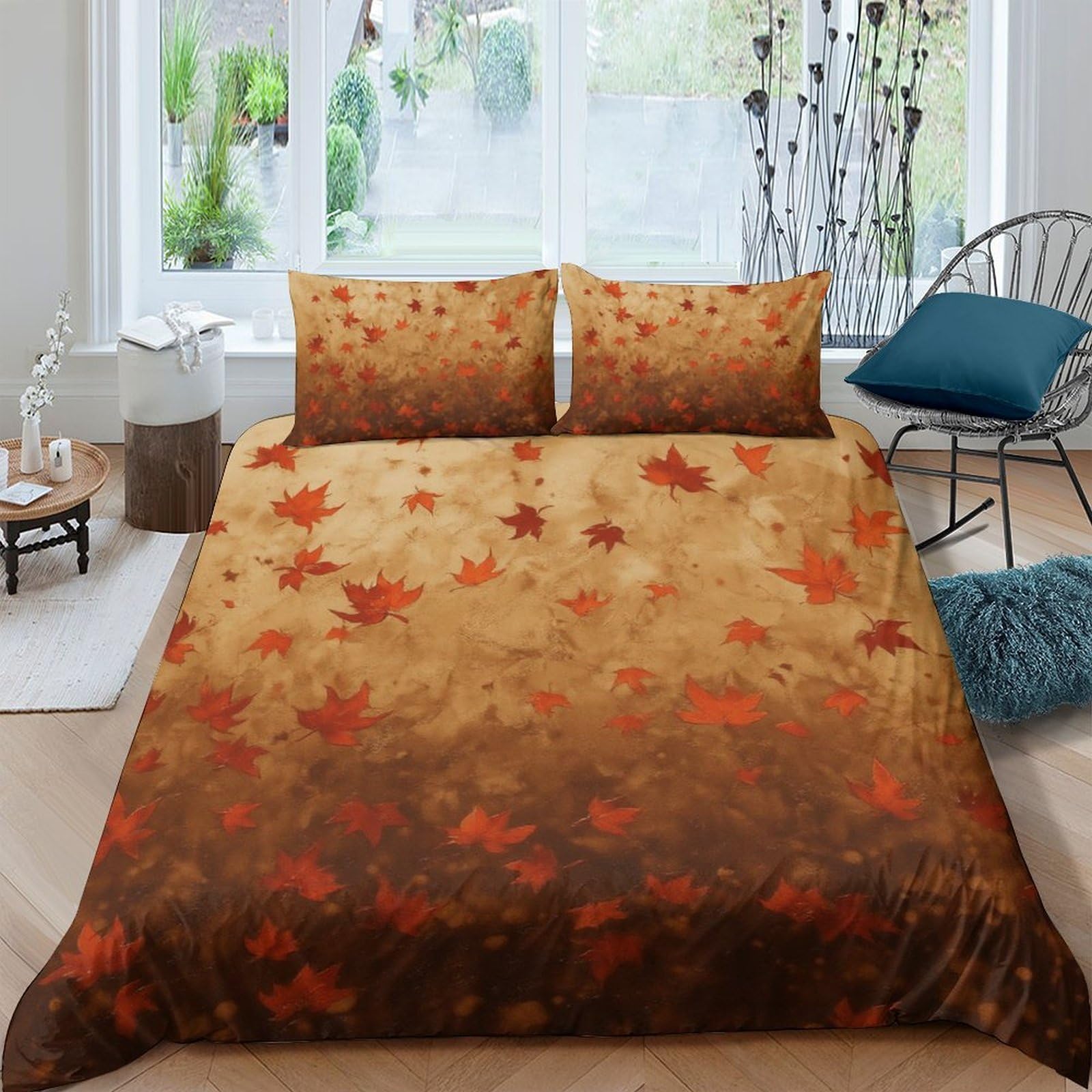 Ctjqhvkz Style-1 3D Printed Autumn Leaves Fitted Sheet Microfiber Soft Anti-Slip Maple Forest Mattress Cover Bedroom Dorm Decor Single（135X200cm）