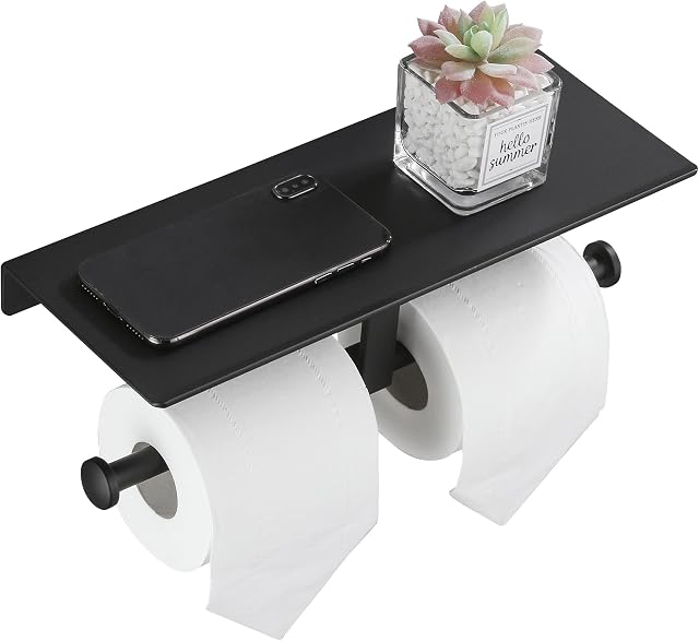 DUFU Toilet Roll Holder Wall Mounted Black Toilet Paper Holder with Shelf Aluminum Double Toilet Tissue Holder Paste No Drilling or Screw Installation for Bathroom