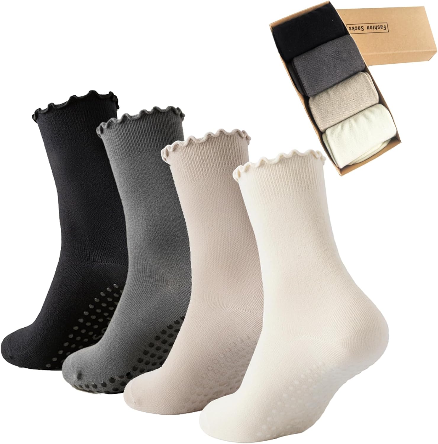 4 Pairs Ruffle Yoga Socks for Women,Cute Frilly Non-Slip Grips Socks for Pilates,Fitness,Hospital,Pregnant